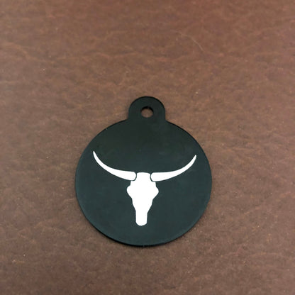 Longhorn, Yak, Large Circle Tag, Black, Personalized Aluminum Tag, Diamond Engraved, Key Chain Keychain, For Lost Keys PLHYLBC2