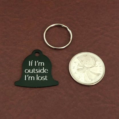 If I’m outside I’m lost, Small Dark Green Bell Aluminum Tag, Personalized Diamond Engraved, Pet tag, Cat tag, Personal ID Tag and Collars