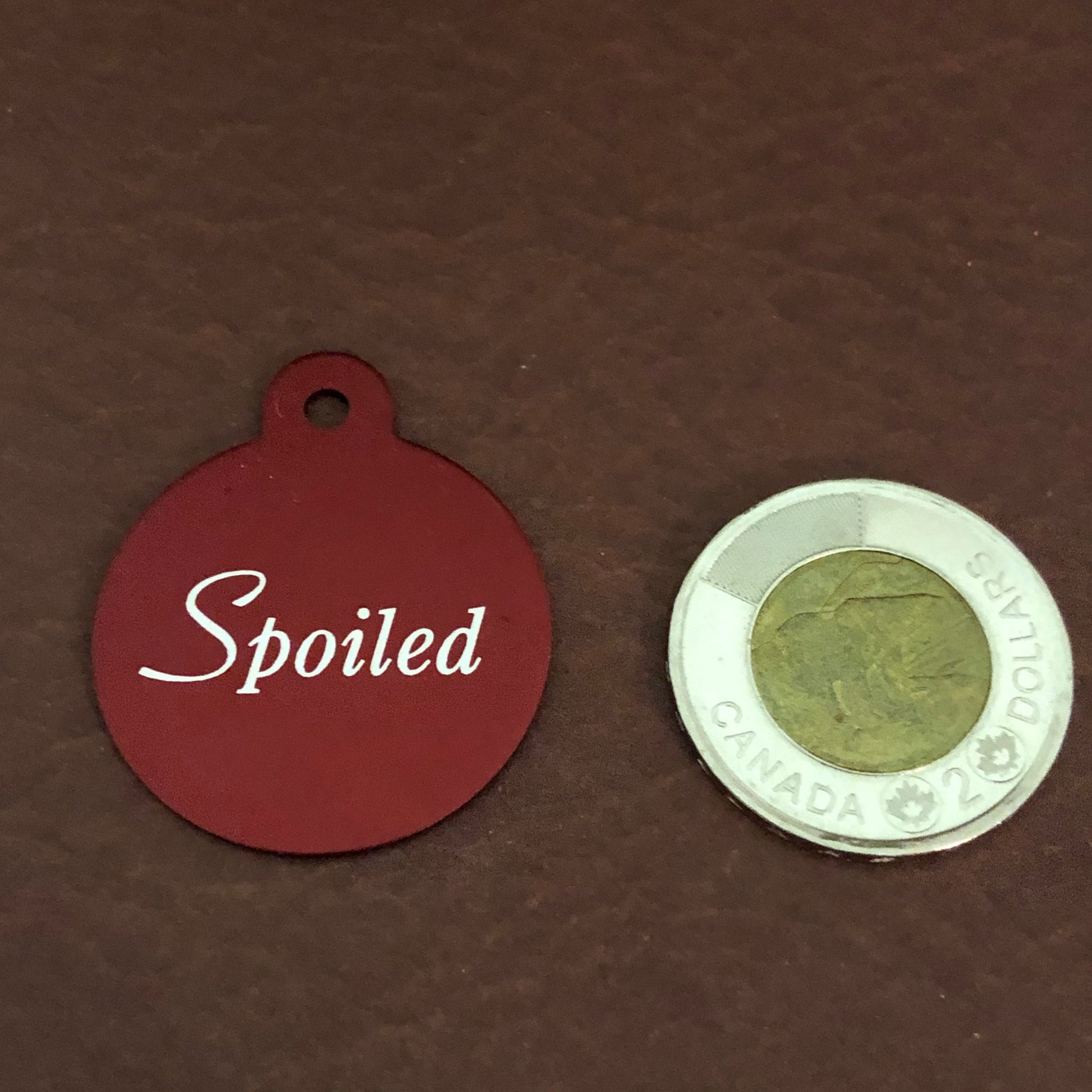 Spoiled, Large Red Circle Personalized Aluminum Tag, Diamond Engraved, Personal ID Tag, Keychain, Dog Tag, Cat Tag, For Dog Collar