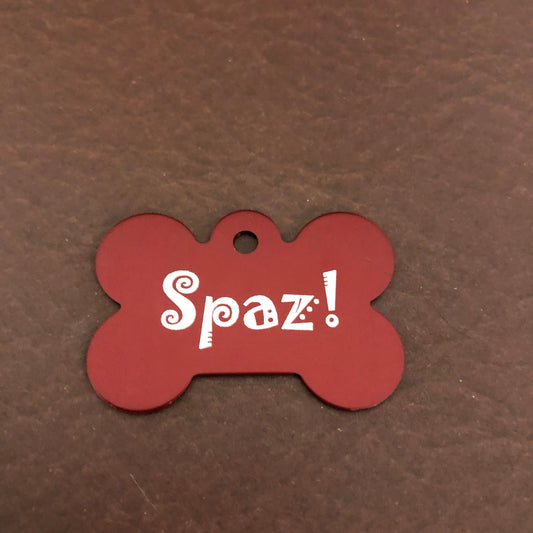 Spaz! Large Red Bone Personalized Aluminum Tag Diamond Engraved Dog Tag Puppy Tag SPAZLRB