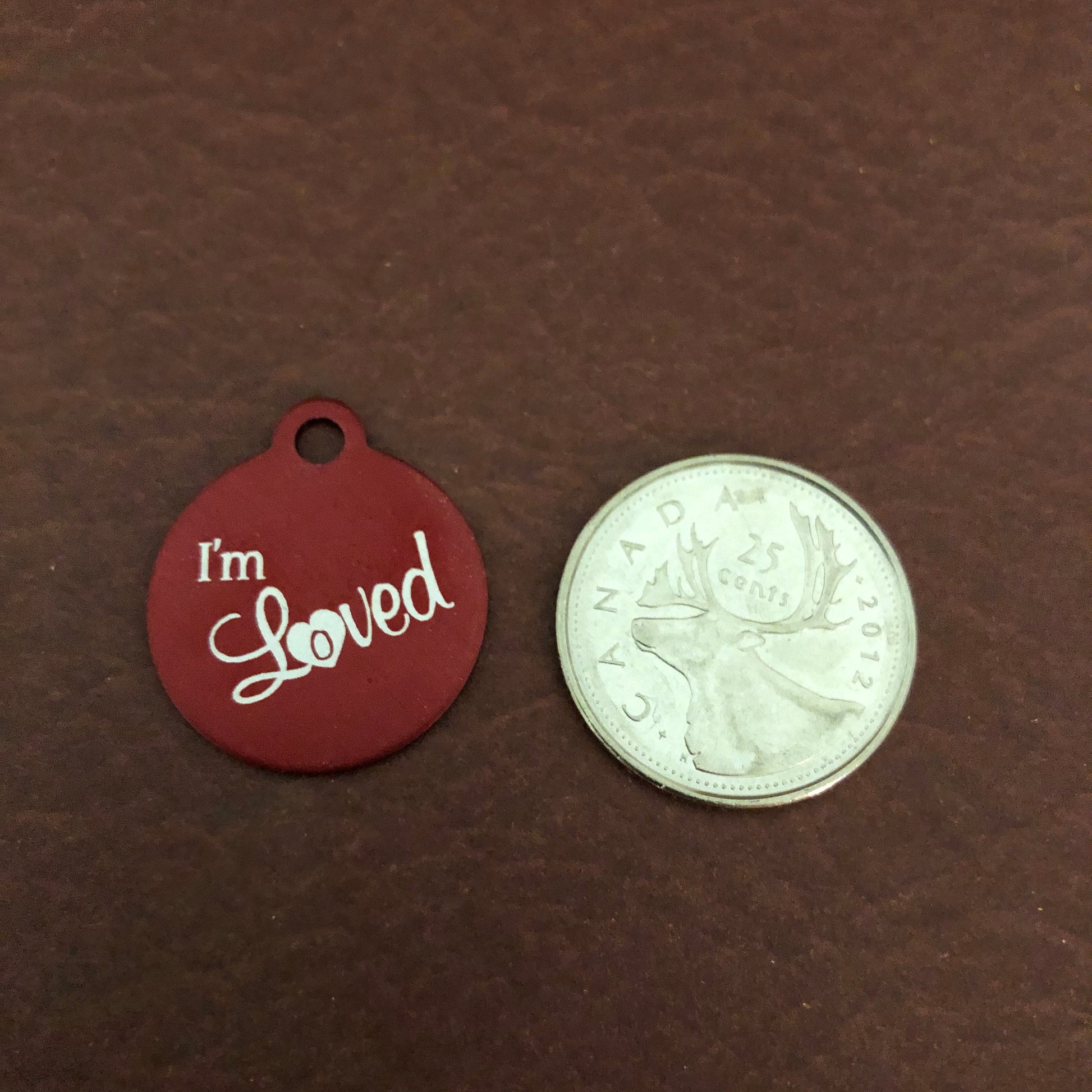 I'm Loved Small Red Circle Aluminum Tag, Personalized Diamond Engraved, Cat Dog Pet ID Tags For Cat collar, Dog Collar, Lost cat Lost dog id