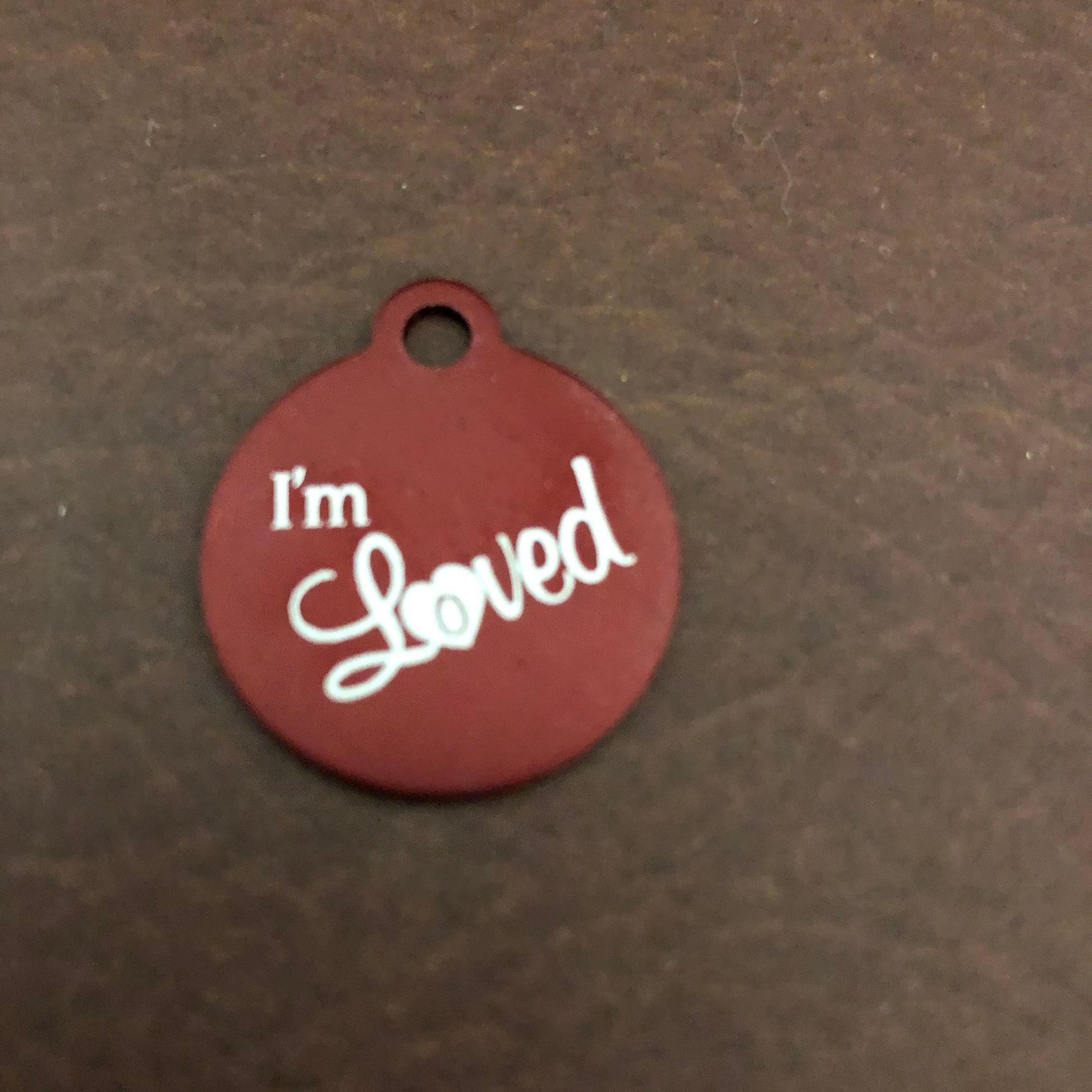 I'm Loved Small Red Circle Aluminum Tag, Personalized Diamond Engraved, Cat Dog Pet ID Tags For Cat collar, Dog Collar, Lost cat Lost dog id