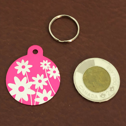 Daisy Floral Print Large Pink Circle Personalized Aluminum Tag Diamond Engraved Keychain Key Chain