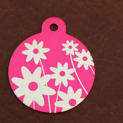 Daisy Floral Print Large Pink Circle Personalized Aluminum Tag Diamond Engraved Keychain Key Chain