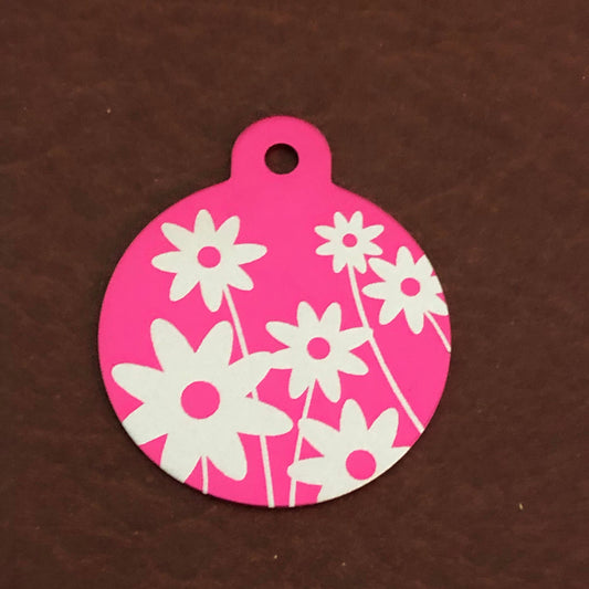 Daisy Floral Print Large Pink Circle, Personalized Aluminum Tag, Diamond Engraved, Dog Tag Cat Tag Small Animal Tag Human ID Tag Kitty Puppy