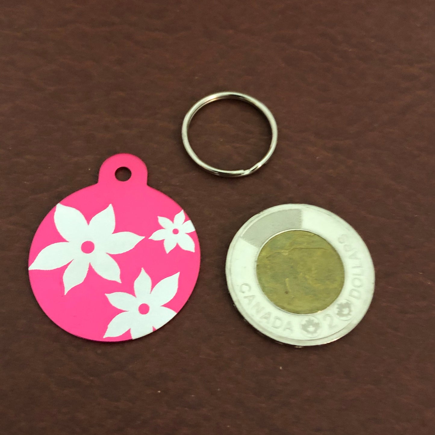 Lily Floral Print Large Pink Circle Personalized Aluminum Tag, Diamond Engraved, Dog Tag, Cat Tag Small Animal Tag Key Chain Tag Kitty Puppy