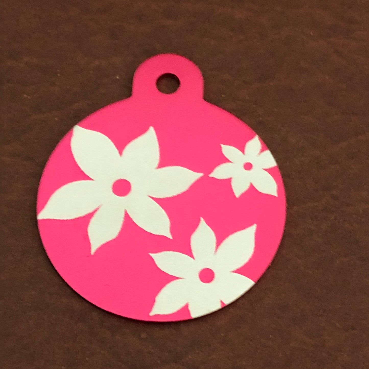 Lily Floral Print Large Pink Circle Personalized Aluminum Tag, Diamond Engraved, Dog Tag, Cat Tag Small Animal Tag Key Chain Tag Kitty Puppy