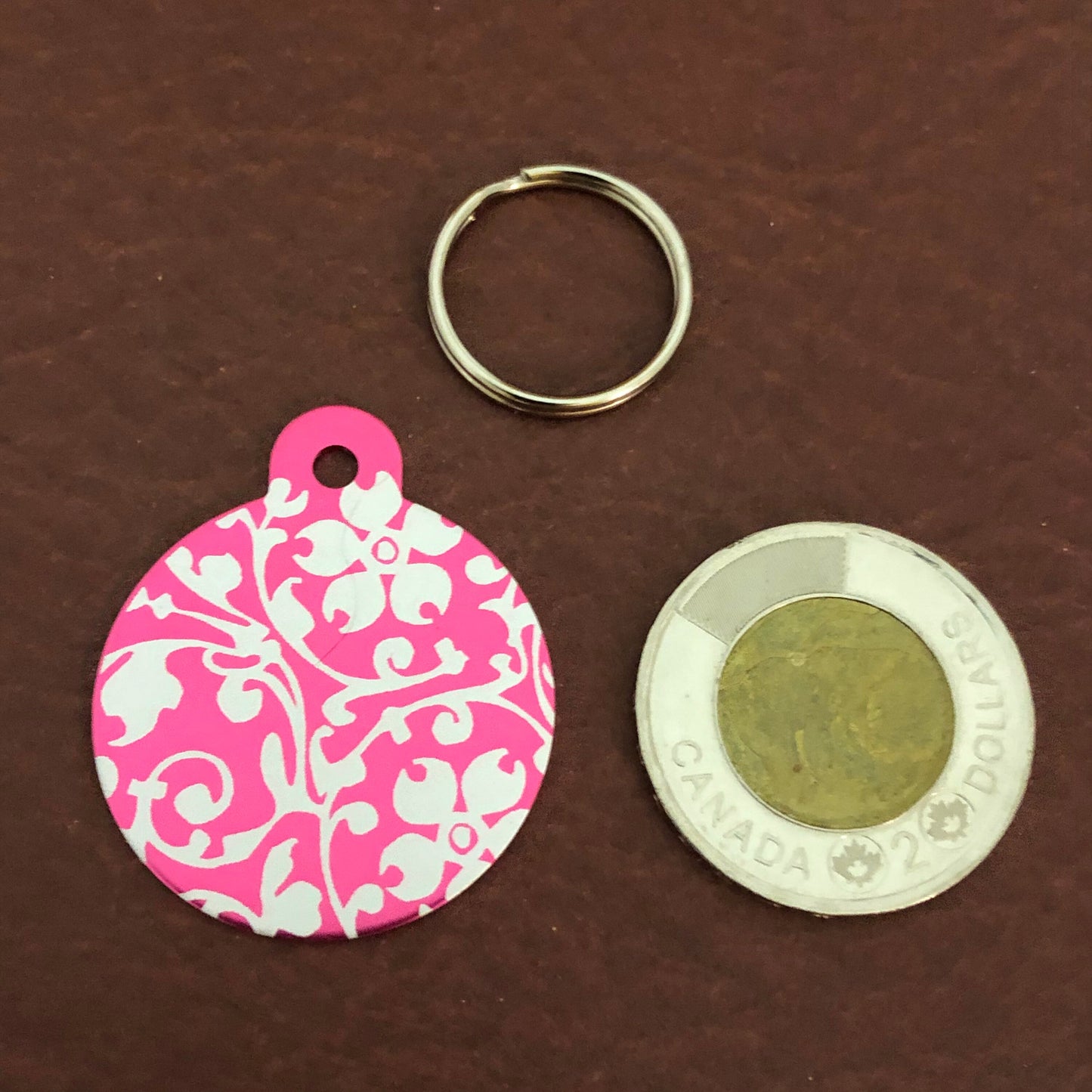 Ornate Floral Print, Large Pink Circle Personalized Aluminum Tag Diamond Engraved For Dog Tag, For Cat Tag, For Cat and Dog Collar ID Tag