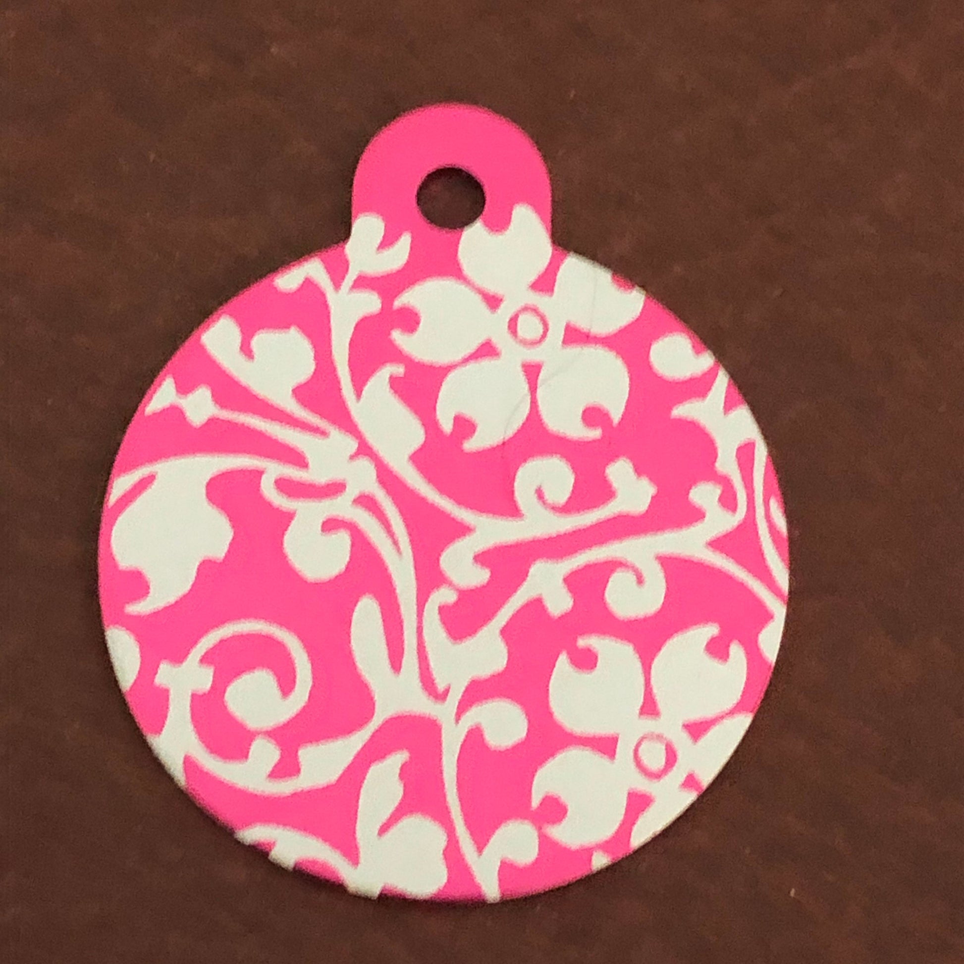 Ornate Floral Print, Large Pink Circle Personalized Aluminum Tag Diamond Engraved For Dog Tag, For Cat Tag, For Cat and Dog Collar ID Tag