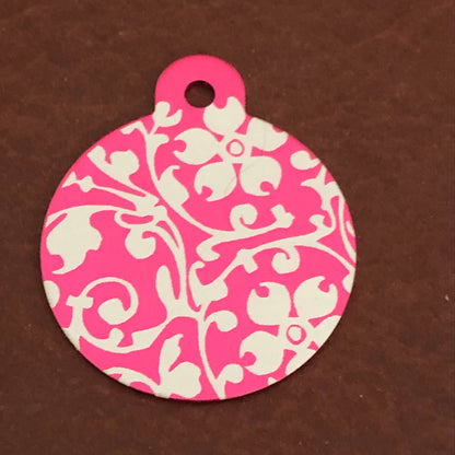 Ornate Floral Print, Large Pink Circle Personalized Aluminum Tag Diamond Engraved For Dog Tag, For Cat Tag, For Cat and Dog Collar ID Tag