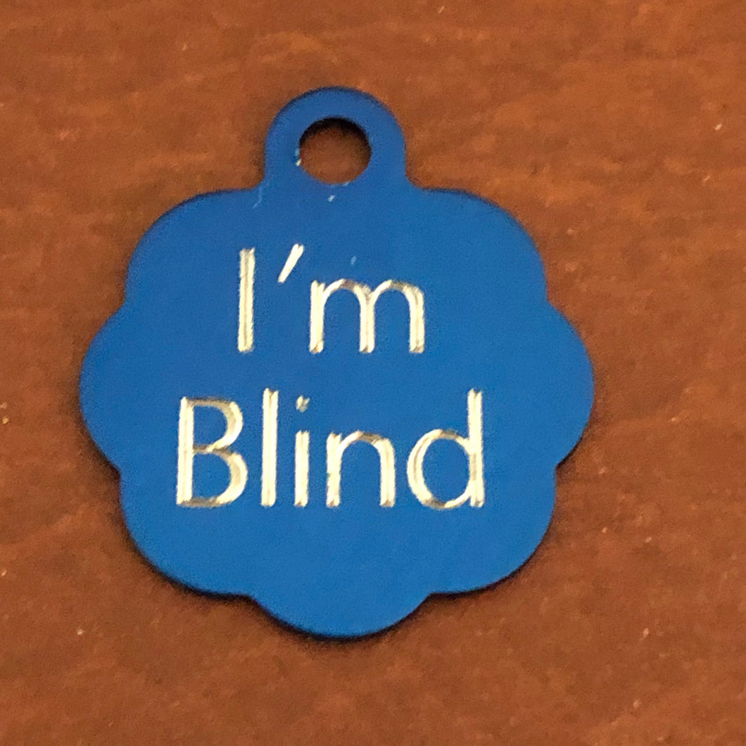 I'm Blind, Small Blue Rosette Aluminum Tag, Personalized Diamond Engraved, Cat Tag, ID Tag, Dog Tag, Tag for Dog Collar, Tag for Cat Collar