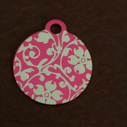 Ornate Floral Print Small Circle Pink Aluminum Tag, Personalized Diamond Engraved, Dog Tag, ID Tag, Cat Tag, Kitten Tag Puppy Tag