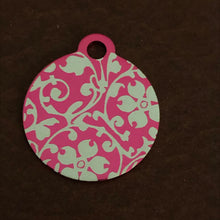 Load image into Gallery viewer, Ornate Floral Print Small Circle Pink Aluminum Tag, Personalized Diamond Engraved, Dog Tag, ID Tag, Cat Tag, Kitten Tag Puppy Tag