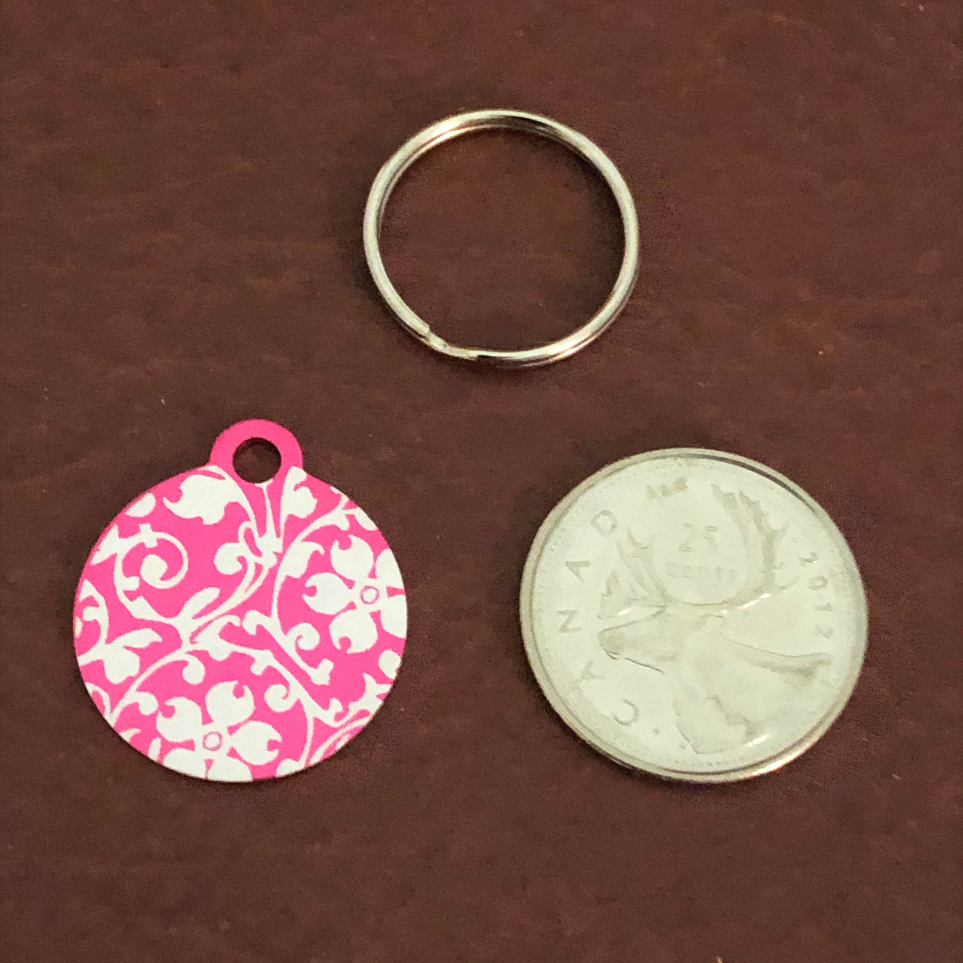 Ornate Floral Print Small Circle Pink Aluminum Tag, Personalized Diamond Engraved, Dog Tag, ID Tag, Cat Tag, Kitten Tag Puppy Tag