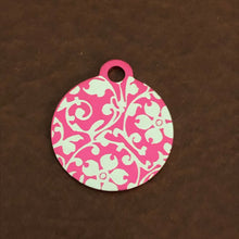 Load image into Gallery viewer, Ornate Floral Print Small Circle Pink Aluminum Tag, Personalized Diamond Engraved, Dog Tag, ID Tag, Cat Tag, Kitten Tag Puppy Tag