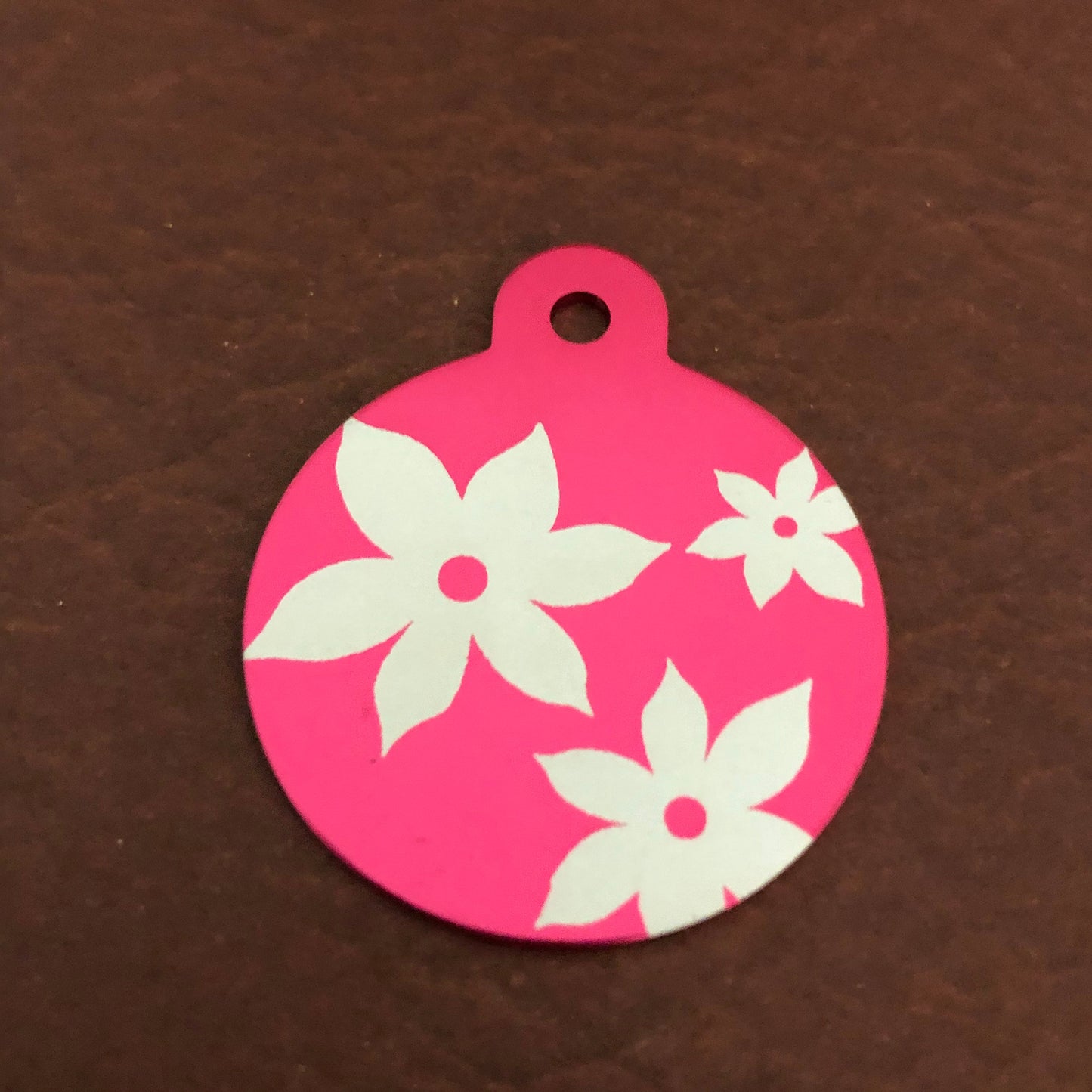 Lily Floral Print Large Pink Circle Personalized Aluminum Tag, Diamond Engraved, Dog Tag, Cat Tag Small Animal Tag Key Chain Tag Kitty Puppy