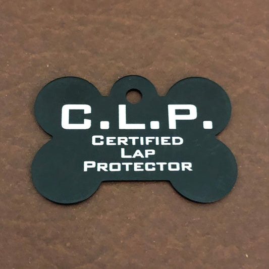 C.L.P. Certified Lap Protector, Large Black Bone Dog Tag, Personalized Aluminum Tag, Diamond Engraved, Dog Tag, Puppy Tag, For Collar CLPLBB