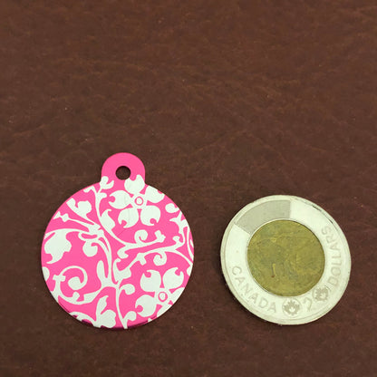 Ornate Floral Print, Large Pink Circle Personalized Aluminum Tag Diamond Engraved For Dog Tag, For Cat Tag, For Cat and Dog Collar ID Tag