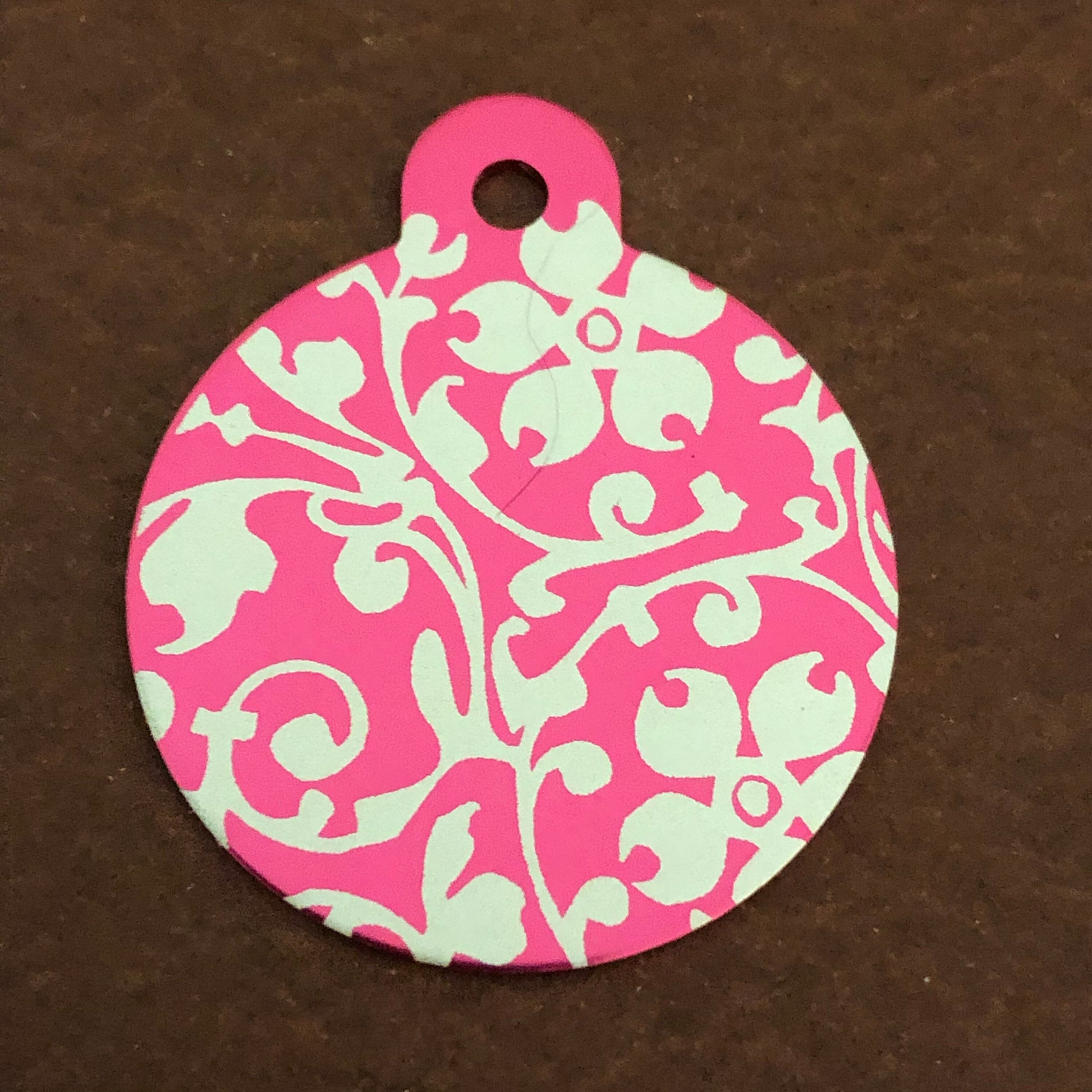 Ornate Floral Print, Large Pink Circle Personalized Aluminum Tag Diamond Engraved For Dog Tag, For Cat Tag, For Cat and Dog Collar ID Tag