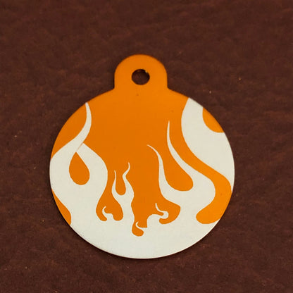 Punk Print Flames Design, Large Orange Circle Personalized Aluminum Tag Diamond Engraved Dog Tag Cat Tag Small Animal Tag Human ID Tag Kitty