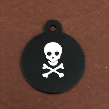 Pirate Skull and Bones Large Circle Tag Black Personalized Aluminum Tag Diamond Engraved Dog Tag Cat Tag Animal Tag Kitty Tag Puppy