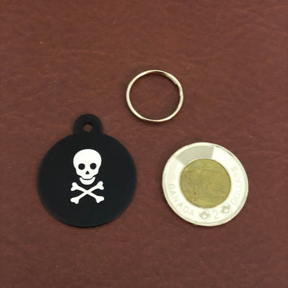 Pirate Skull and Bones Large Circle Tag Black Personalized Aluminum Tag Diamond Engraved Dog Tag Cat Tag Animal Tag Kitty Tag Puppy