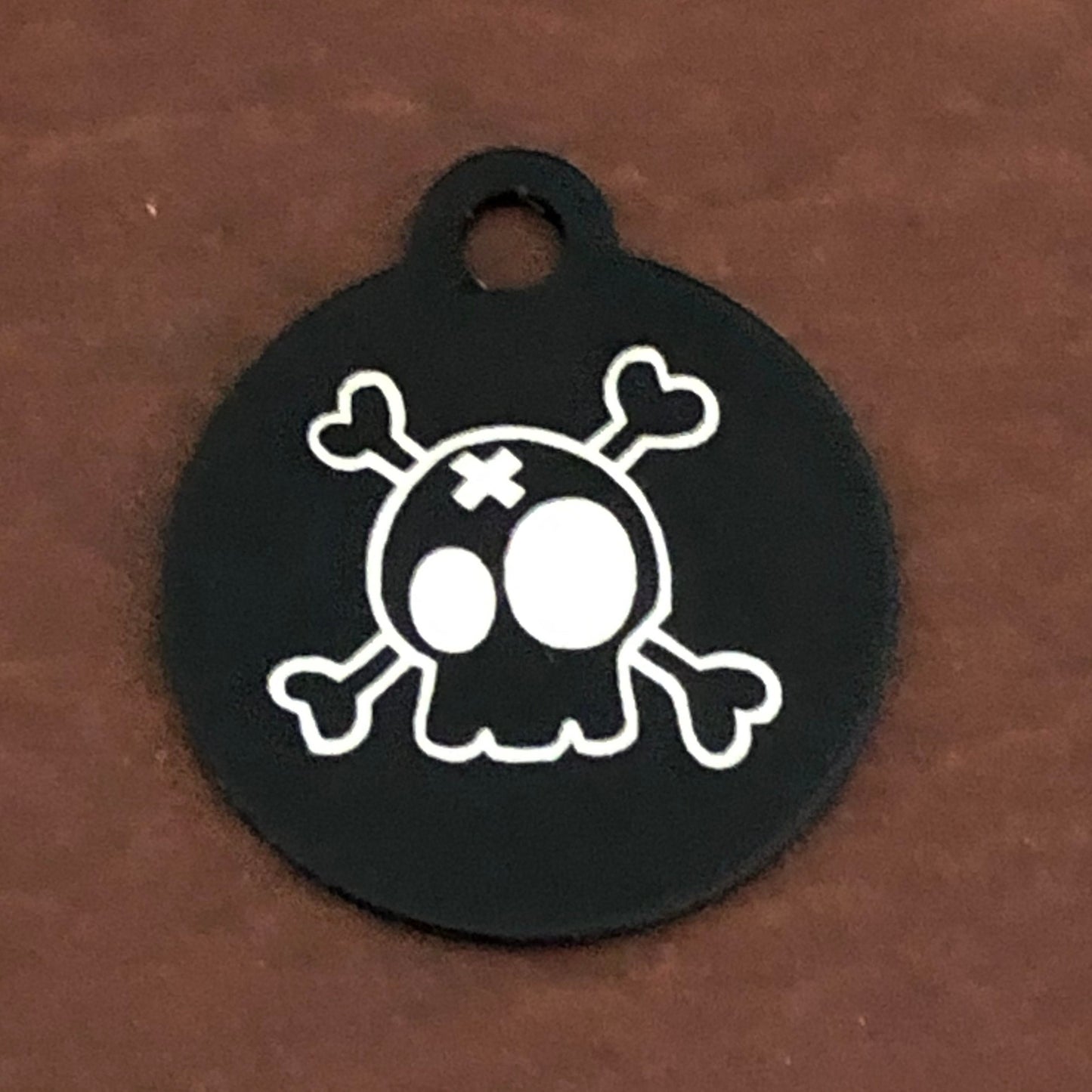 Cartoon Skull and Bones Crossbones Small Black Circle Aluminum Tag