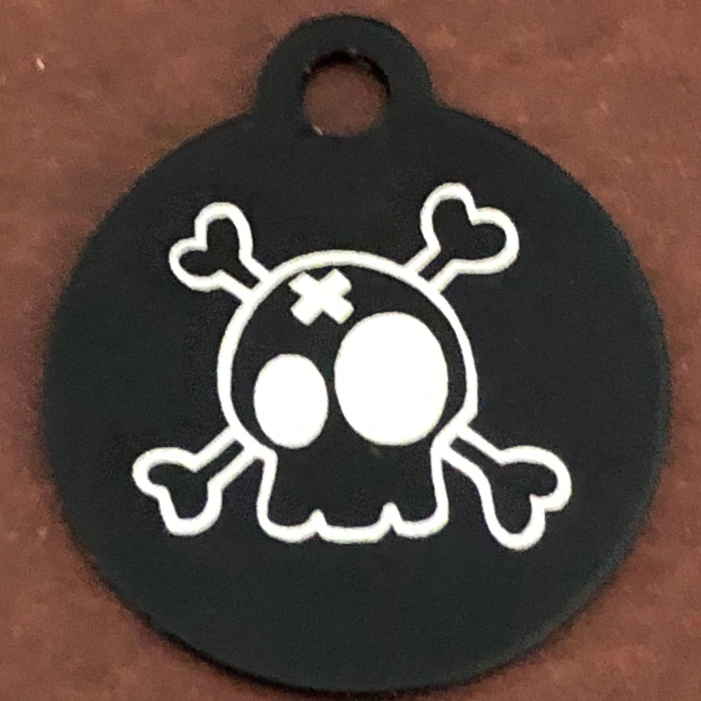 Cartoon Skull and Bones Crossbones Small Black Circle Aluminum Tag