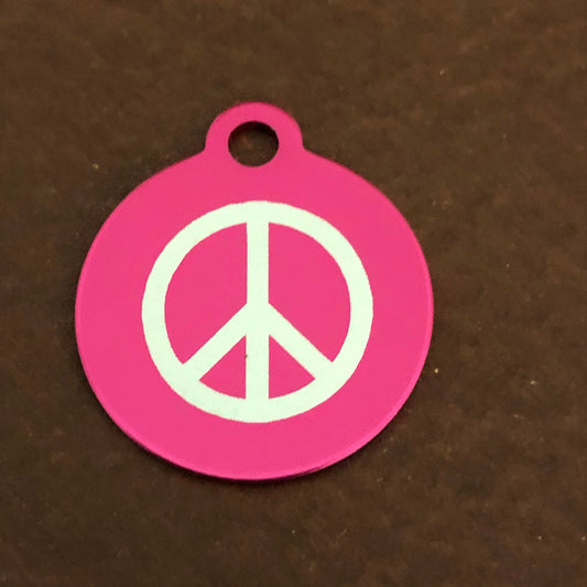 Peace Sign, Small Circle Pink Aluminum Tag, Personalized Diamond Engraved, Dog Tag, ID Tag, Cat Tag, Kitten Tag ,Puppy Tag, For Dog Collar