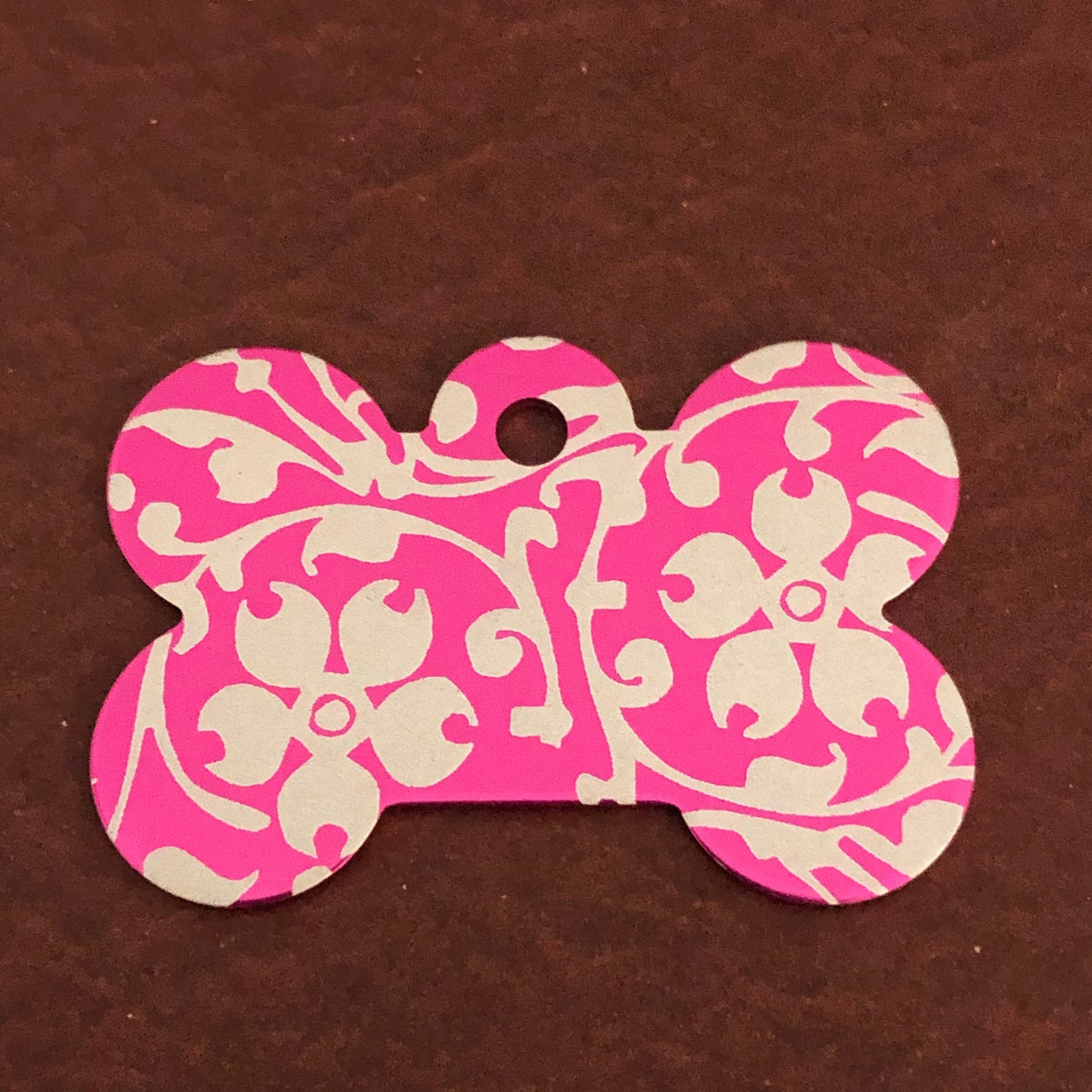 Ornate Floral Print, Large Pink Bone, Personalized Diamond Engraved, Dog Tag, Small Animal Tag, Kitty Tag, Puppy Tag, For Dog Collar, OFPLPB