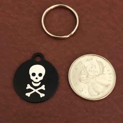 Pirate Skull and Bones Crossbones, Small Black Circle Aluminum Tag