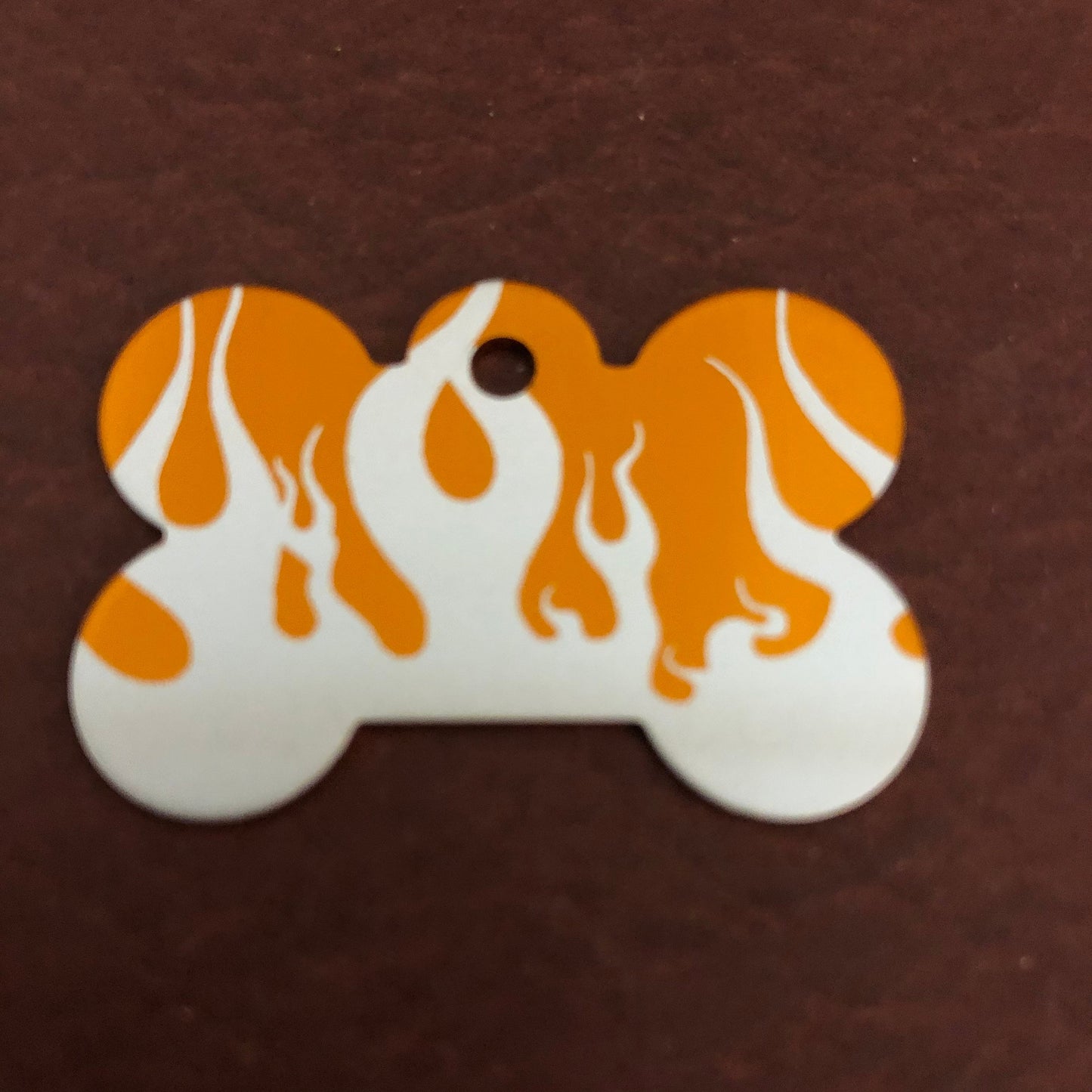 Punk Print Flames Design, Large Orange Bone, Personalized Aluminum Tag, Diamond Engraved. Dog Tag. Puppy Tag, For Dog Collar