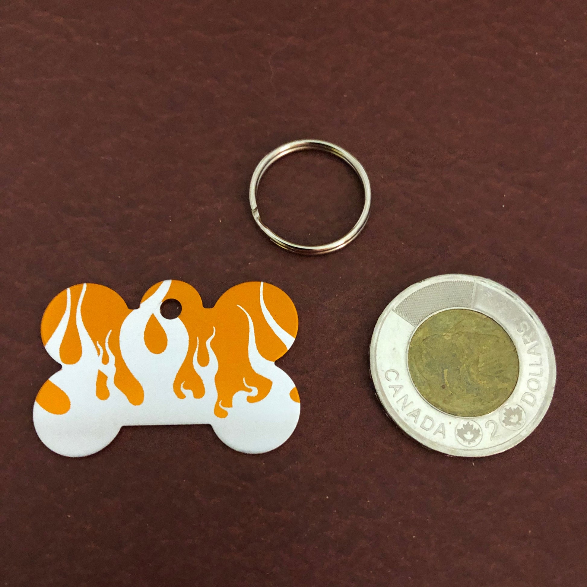 Punk Print Flames Design, Large Orange Bone, Personalized Aluminum Tag, Diamond Engraved. Dog Tag. Puppy Tag, For Dog Collar