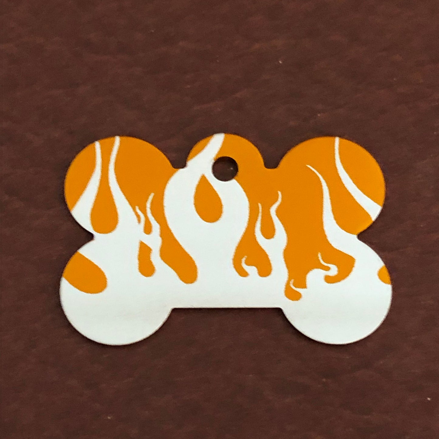 Punk Print Flames Design, Large Orange Bone, Personalized Aluminum Tag, Diamond Engraved. Dog Tag. Puppy Tag, For Dog Collar