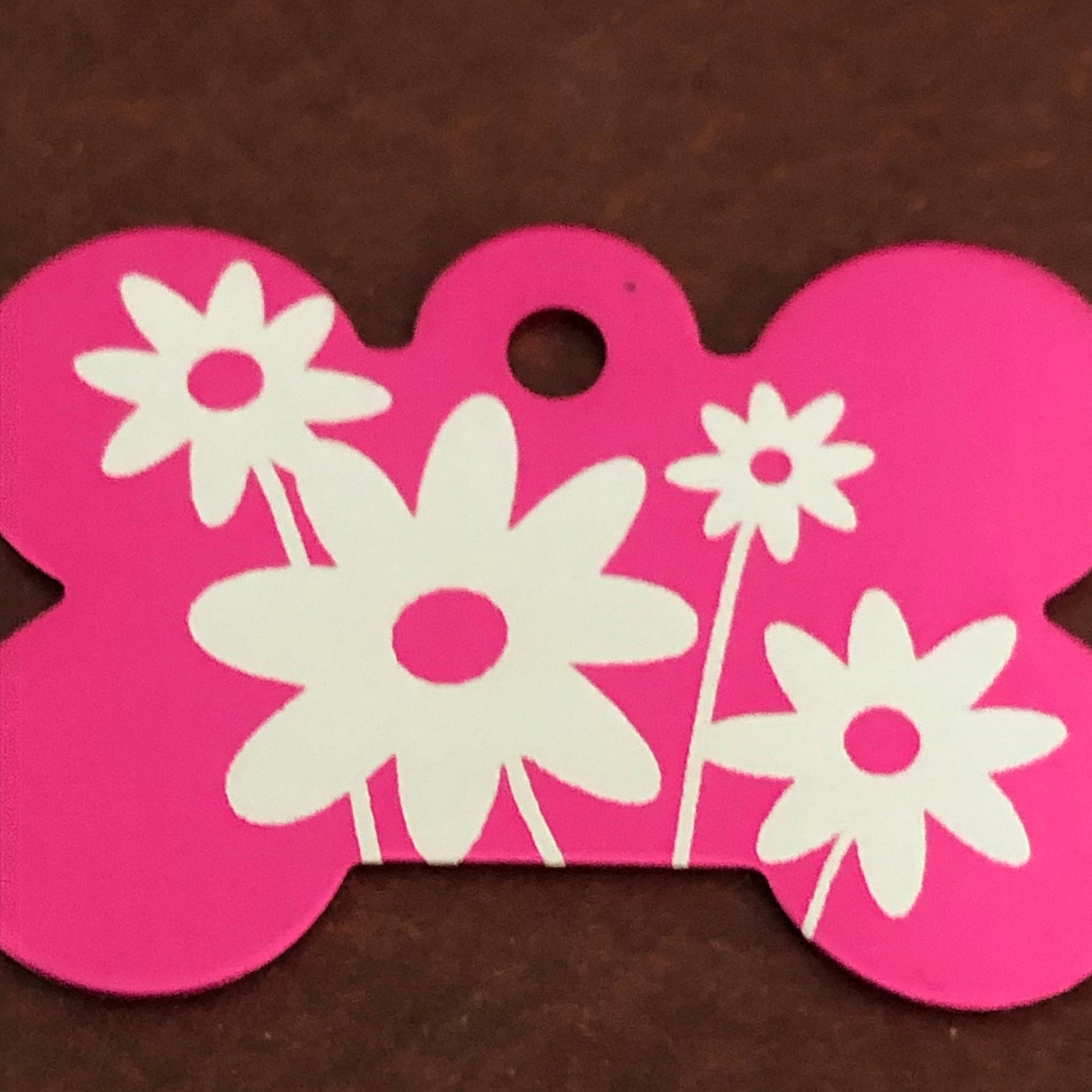 Daisy Floral Print Large Pink Bone Personalized Aluminum Tag Diamond Engraved Dog Tag Cat Tag Small Animal Tag Human ID Tag Kitty Tag Puppy