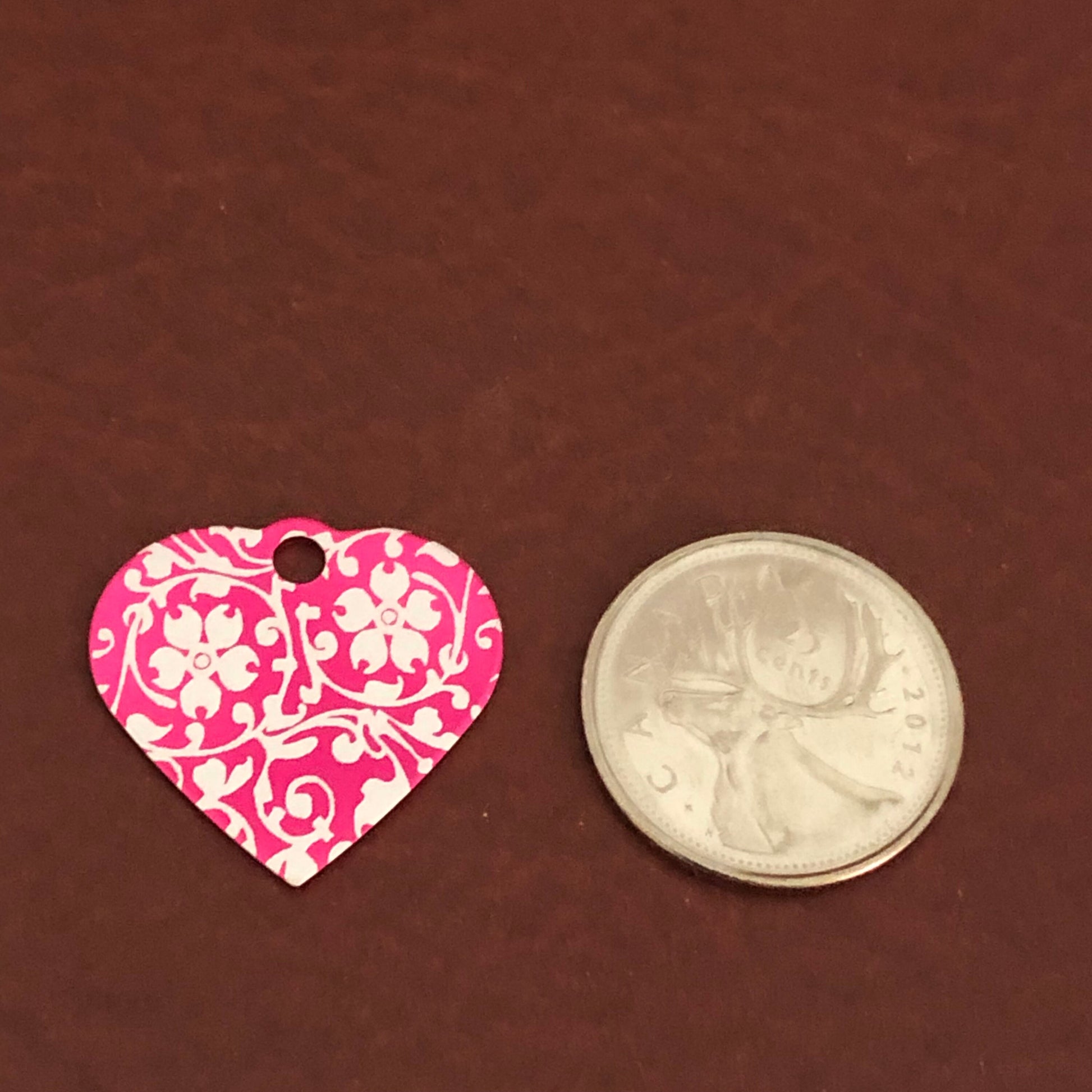 Ornate Floral Print, Small Pink Heart, Aluminum Tag Personalized, Diamond Engraved, Pet Tag, Cat Tag, Dog Tag, For Bags, For Collars, OFPSPH