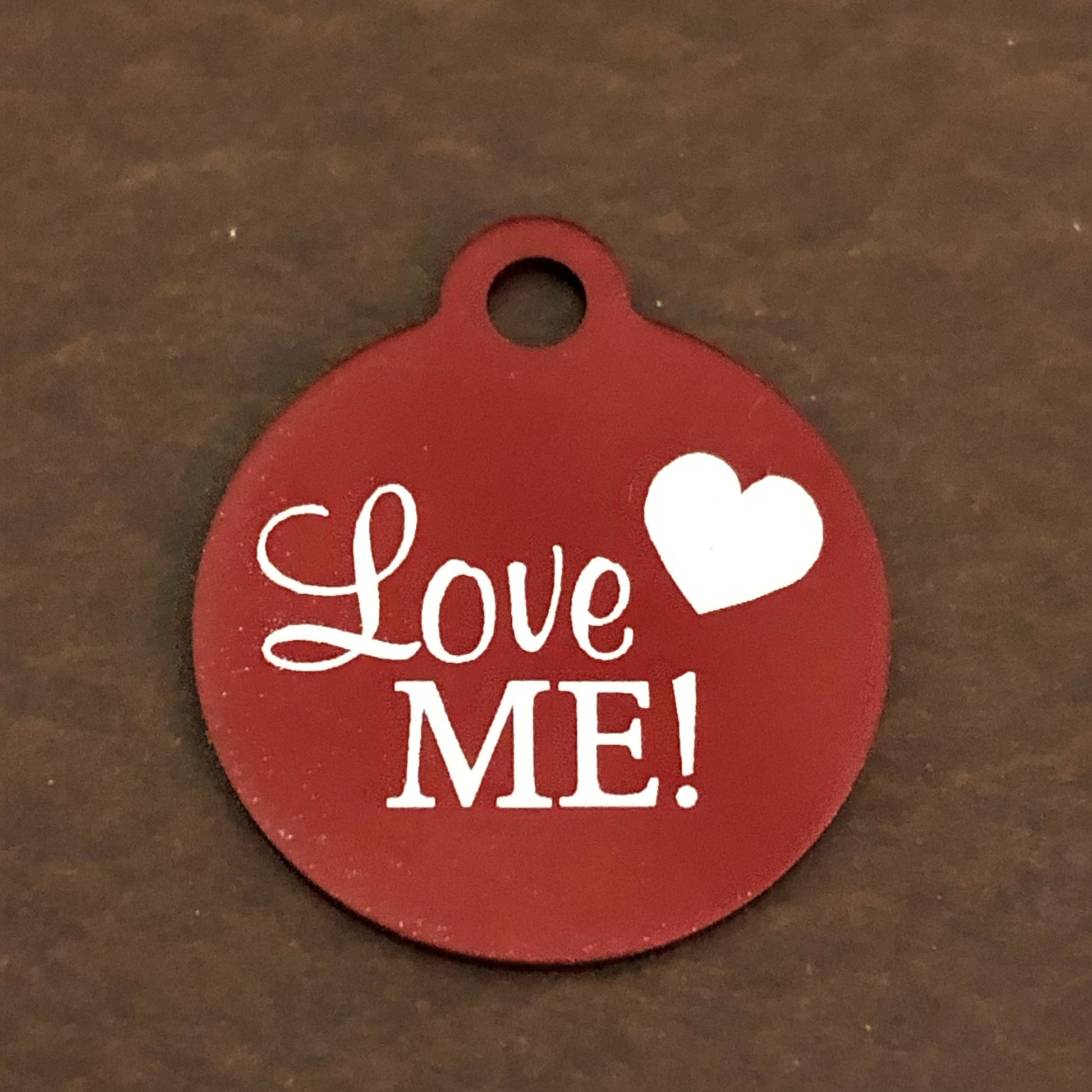 Love Me! Small Red Circle Aluminum Tag, Personalized Diamond Engraved, Cat Dog Pet ID Tags For Cat collar, Dog Collar, Lost cat Lost dog id