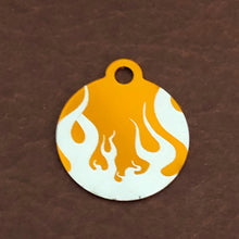 Load image into Gallery viewer, Punk Print Flames Design, Small Orange Circle Personalized Aluminum Tag Diamond Engraved Dog Tag Cat Tag Small Animal Tag Human ID Tag Kitty