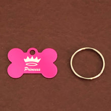 Load image into Gallery viewer, Princes Crown Design, Small Pink Bone, Personalized Aluminum Tag, Diamond Engraved, Dog Tag, Pet Tag, Puppy, ID Tags For Dog Collars, PCSPB