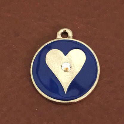 Heart Inlay, Large Pewter Circle Tag, Personalized Diamond Engraved, Dog Tag, Puppy Tag, Cat Tag, For Dog Collars For Cat Collars Lost Pet