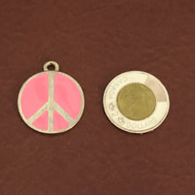Load image into Gallery viewer, Pink Peace Sign, Large Pewter Circle Tag, Opaque Pastel Tags, Personalized Diamond Engraved, Dog Tag, Cat Tag, For Dog Collar, Cat Collars