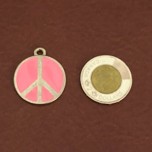 Pink Peace Sign, Large Pewter Circle Tag, Opaque Pastel Tags, Personalized Diamond Engraved, Dog Tag, Cat Tag, For Dog Collar, Cat Collars