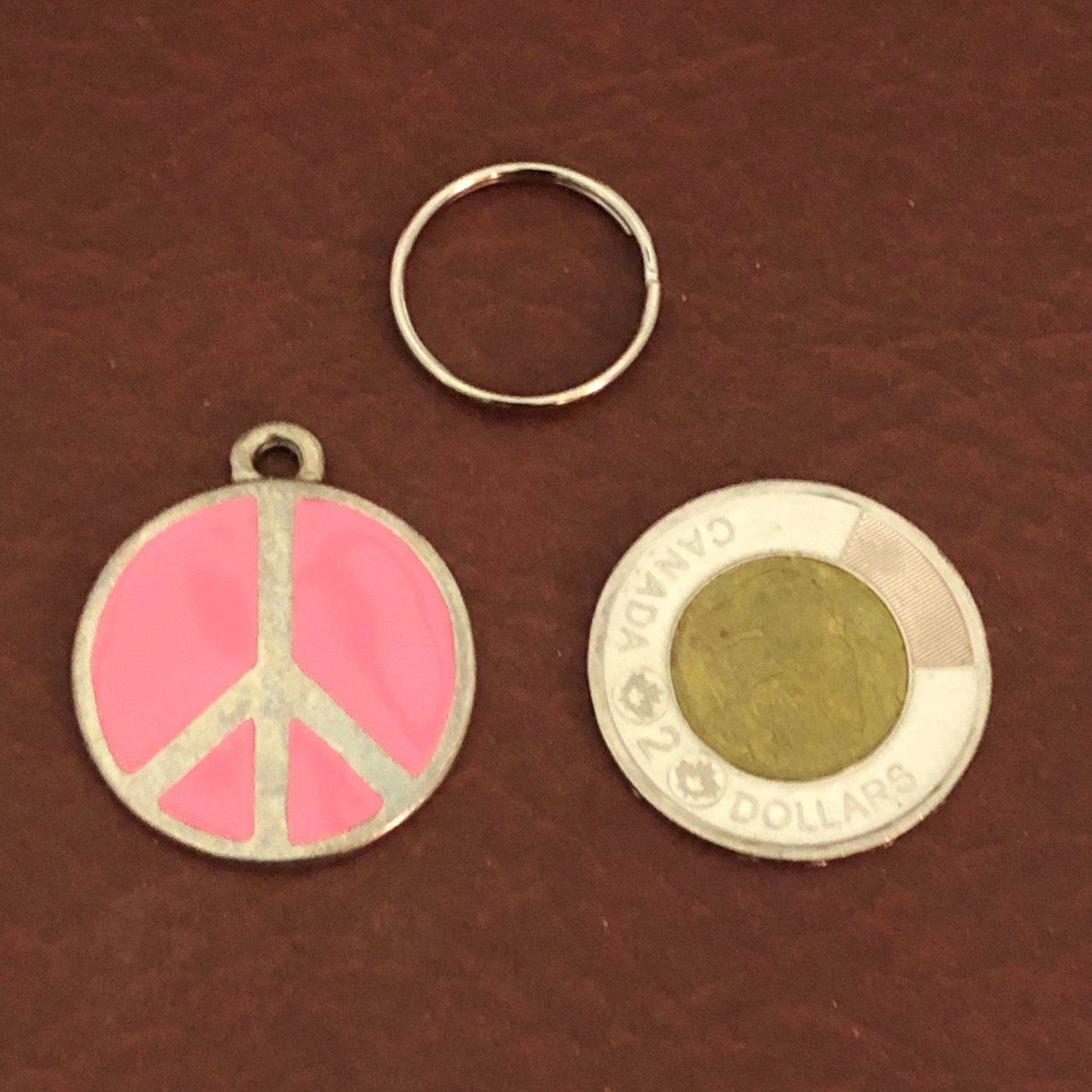 Pink Peace Sign, Large Pewter Circle Tag, Opaque Pastel Tags, Personalized Diamond Engraved, Dog Tag, Cat Tag, For Dog Collar, Cat Collars