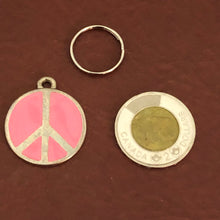 Load image into Gallery viewer, Pink Peace Sign, Large Pewter Circle Tag, Opaque Pastel Tags, Personalized Diamond Engraved, Dog Tag, Cat Tag, For Dog Collar, Cat Collars