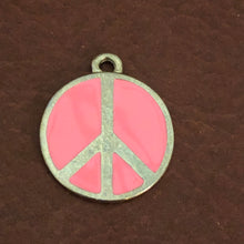 Load image into Gallery viewer, Pink Peace Sign, Large Pewter Circle Tag, Opaque Pastel Tags, Personalized Diamond Engraved, Dog Tag, Cat Tag, For Dog Collar, Cat Collars