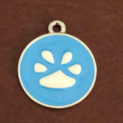 Blue Paw, Paw Print Large Pewter Enameled Circle Tag, Opaque Pastel Tags, Personalized Diamond Engraved, Dog Tag, Cat Tag, Collar