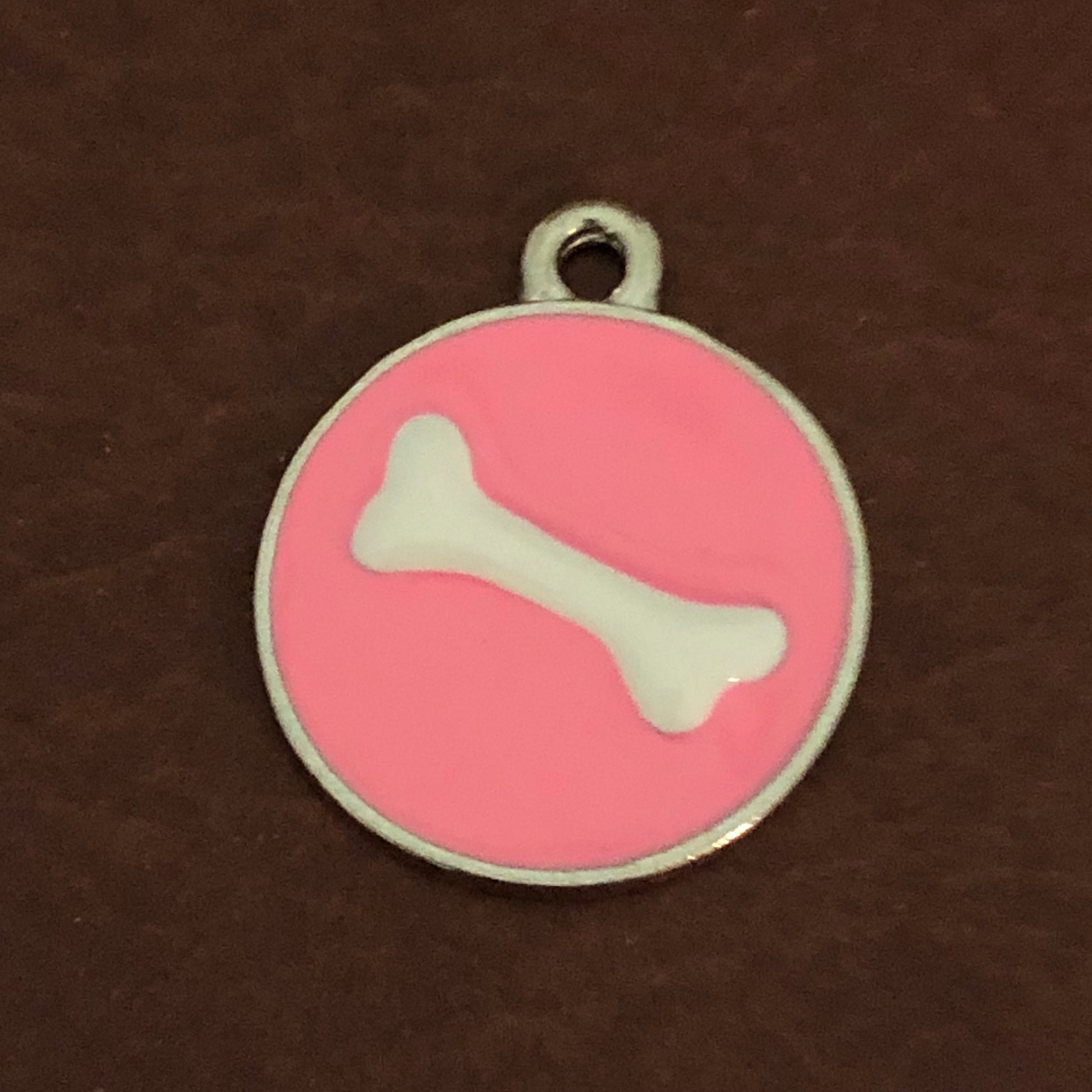 Pink Bone, Large Pewter Enameled Circle Tag, Opaque Pastel Tags, Personalized Diamond Engraved, Dog Tag, Cat Tag, Collar