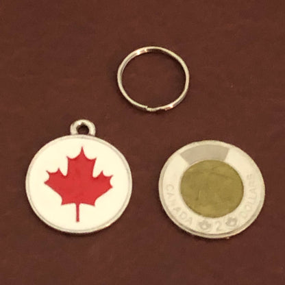 Maple Leaf, Large Pewter Enameled Circle Tag, Personalized Diamond Engraved, Dog Tag, Cat Tag, Collar