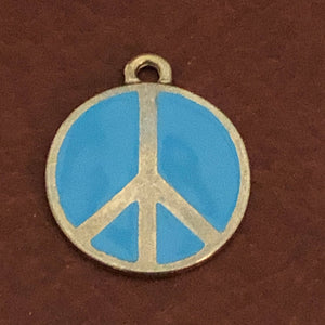 Blue Peace Sign, Large Pewter Circle Tag, Opaque Pastel Tags, Personalized Diamond Engraved, Dog Tag, Cat Tag, For Dog Collar, Cat Collars