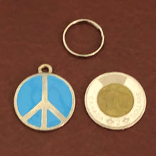 Load image into Gallery viewer, Blue Peace Sign, Large Pewter Circle Tag, Opaque Pastel Tags, Personalized Diamond Engraved, Dog Tag, Cat Tag, For Dog Collar, Cat Collars